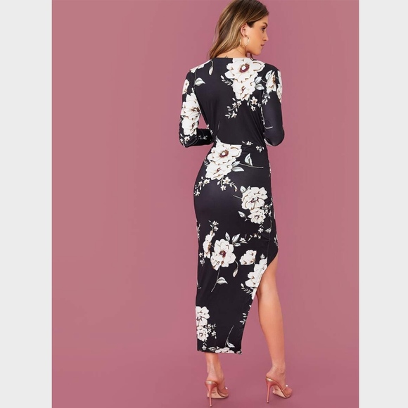 Deep V Asymmetrical Floral Faux Wrap Black Dress - Picture 4 of 8